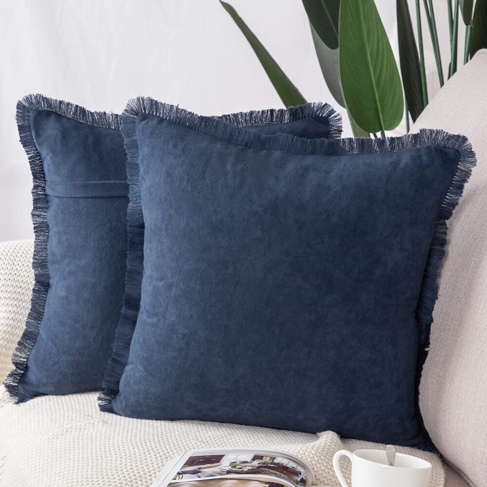 1345 Set of 2 Suede Throw Pillow Covers with Fringe Tassels 22x22 Inch Dark